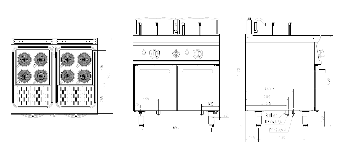 燃气八头煮面炉连柜三视图