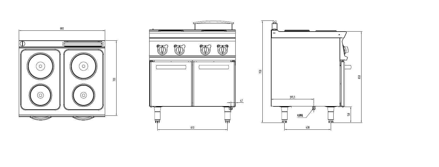 电四头煮食炉连柜三视图