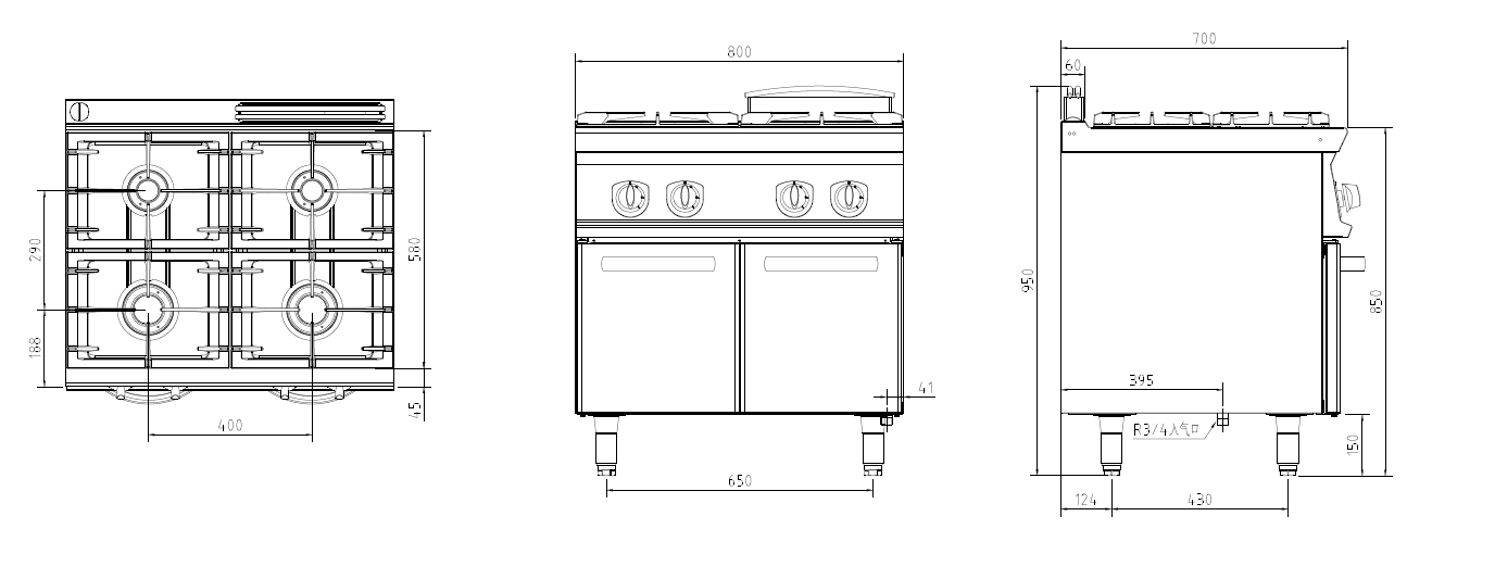 燃气四头煲仔炉连柜三视图